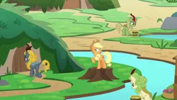 Size: 1280x720 | Tagged: safe, derpibooru import, screencap, applejack, green grove, spring glow, winter flame, earth pony, kirin, pony, sounds of silence, background kirin