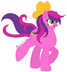 Size: 853x915 | Tagged: safe, artist:nummypixels, derpibooru import, skywishes, earth pony, pony, bow, female, g3, g3 to g4, generation leap, hair bow, mare, open mouth, raised hoof, signature, simple background, solo, transparent background