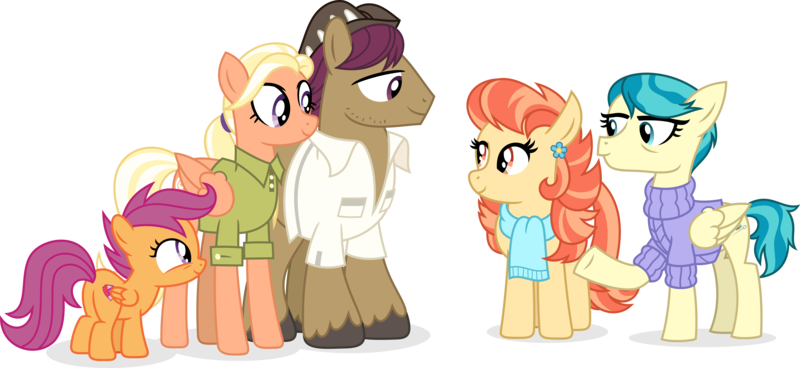 Size: 9604x4413 | Tagged: safe, artist:suramii, derpibooru import, aunt holiday, auntie lofty, mane allgood, scootaloo, snap shutter, earth pony, pegasus, pony, the last crusade, absurd resolution, clothes, family, female, filly, male, mare, scootaloo's parents, simple background, smiling, stallion, transparent background, vector, wholesome