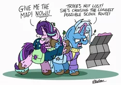 Size: 2276x1601 | Tagged: safe, artist:bobthedalek, derpibooru import, starlight glimmer, trixie, pony, unicorn, angry, atg 2019, camping trip, clothes, coat, lost, magic, map, mud, muddy hooves, newbie artist training grounds, sleeping bag