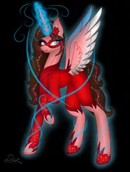 Size: 768x1024 | Tagged: safe, artist:delfinaluther, derpibooru import, oc, unofficial characters only, alicorn, pony, alicorn oc, black background, clothes, female, glowing horn, horn, magic, mare, mask, raised hoof, signature, simple background, solo, spread wings, wings