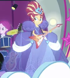 Size: 915x1010 | Tagged: safe, derpibooru import, screencap, sunset shimmer, equestria girls, equestria girls series, rollercoaster of friendship, clothes, cropped, dress, gown, hologram, poofy shoulders