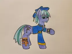 Size: 2016x1512 | Tagged: safe, artist:dice-warwick, derpibooru import, oc, oc:slowtrot, unofficial characters only, earth pony, pony, fallout equestria, fanfic, beard, clothes, facial hair, fallout equestria: stable-tec r&d, fanfic art, gun, handgun, hat, hooves, male, pipbuck, pistol, simple background, solo, stallion, traditional art, vault suit, weapon, white background