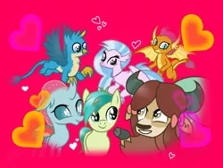 Size: 1024x768 | Tagged: safe, artist:delfinaluther, derpibooru import, gallus, ocellus, sandbar, silverstream, smolder, yona, changedling, changeling, dragon, earth pony, gryphon, hippogriff, pony, yak, cute, diaocelles, diastreamies, female, gallabetes, heart, male, sandabetes, simple background, smolderbetes, student six, yonadorable