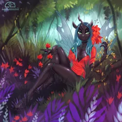 Size: 1500x1500 | Tagged: absolute cleavage, anthro, artist:ladychimaera, beautiful, breasts, changeling, changeling queen, cleavage, clothes, crossover, cute, cutealis, derpibooru import, featureless breasts, female, forest, looking at you, nature, open clothes, open shirt, outdoors, poison ivy (dc comics), queen chrysalis, safe, smiling, solo, unguligrade anthro
