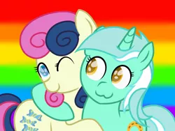 Size: 1024x768 | Tagged: safe, artist:delfinaluther, derpibooru import, bon bon, lyra heartstrings, sweetie drops, earth pony, pony, unicorn, :3, adorabon, colored pupils, cute, female, hug, lesbian, looking at each other, lyrabetes, lyrabon, mare, one eye closed, rainbow background, shipping, wink