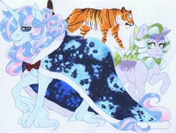 Size: 3936x2981 | Tagged: safe, artist:frozensoulpony, derpibooru import, oc, oc:kiyoko, oc:somber soliloquy, unofficial characters only, big cat, pony, tiger, unicorn, cloak, clothes, female, male, mare, offspring, parent:mistmane, parent:star swirl the bearded, parent:twilight sparkle, parents:mistswirl, parents:twiswirl, stallion, traditional art
