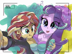 Size: 2224x1668 | Tagged: suggestive, artist:hananpacha, derpibooru import, starlight glimmer, sunset shimmer, equestria girls, asymmetrical docking, breasts, busty starlight glimmer, cleavage, eyes on the prize, female, heart eyes, hug, lesbian, selfie, starry eyes, tongue out, wingding eyes