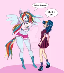 Size: 800x914 | Tagged: dead source, safe, artist:peribooty, derpibooru import, indigo zap, rainbow dash, equestria girls, amazon, arm behind head, big breasts, breast envy, breasts, busty rainbow dash, deviantart watermark, duo, duo female, female, height difference, incentive drive, midriff, obtrusive watermark, pink background, ponied up, sexy, simple background, speech bubble, stupid sexy rainbow dash, watermark