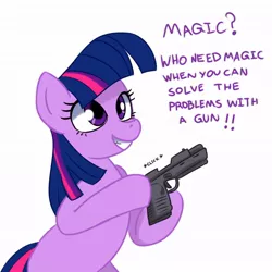 Size: 1024x1024 | Tagged: safe, artist:ichduhernz, derpibooru import, edit, twilight sparkle, pony, bipedal, dialogue, earth pony twilight, female, grammar error, gun, handgun, hoof hold, mare, meme, missing horn, oh god, pistol, smiling, solo, text, weapon