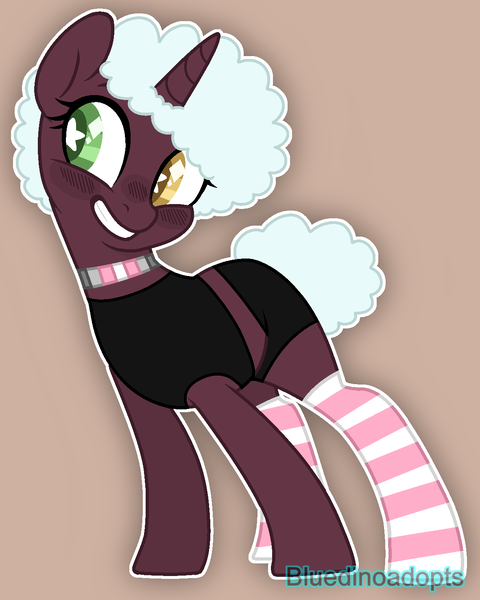 Size: 1180x1476 | Tagged: safe, artist:bluedinoadopts, derpibooru import, oc, oc:amethyst fluff, unofficial characters only, pony, unicorn, afro, blushing, choker, clothes, demigirl, female, grin, heterochromia, mare, pink background, shorts, simple background, smiling, socks, solo, starry eyes, striped socks, tanktop, wingding eyes