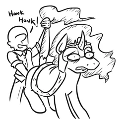Size: 543x521 | Tagged: suggestive, artist:jargon scott, derpibooru import, king sombra, oc, oc:anon, pony, unicorn, bad touch, black and white, duo, grayscale, honk, honk honk, implied balls, implied gay, implied genitalia, lineart, male, males only, monochrome, personal space invasion, simple background, sombrabuse, tail, tail pull, this will end in death, this will end in tears, this will end in tears and/or death, white background