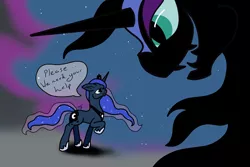 Size: 3000x2000 | Tagged: safe, artist:tunrae, derpibooru import, nightmare moon, princess luna, alicorn, pony, atg 2019, newbie artist training grounds, simple background, size difference, speech bubble