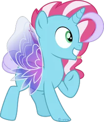 Size: 1024x1204 | Tagged: safe, artist:babyroxasman, derpibooru import, oc, oc:harmony royal, unofficial characters only, pony, butterfly wings, male, pointing at self, simple background, smiling, solo, summerwing pony, teenager, transparent background, wings