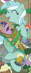 Size: 465x1086 | Tagged: safe, derpibooru import, idw, lyra heartstrings, rainbow dash, spike, twilight sparkle, dragon, pegasus, pony, unicorn, spoiler:comic, baby, baby dragon, cider mug, clothes, cute, dress, irish, lyrabetes, lyrish, mug, unicorn twilight