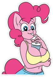 Size: 674x976 | Tagged: anthro, artist:teabucket, belly button, between breasts, big breasts, breasts, busty pinkie pie, cleavage, clothes, cup, cute, derpibooru import, diapinkes, drinking, drinking straw, female, hands-free bubble tea challenge, midriff, outline, panties, pinkie pie, simple background, solo, solo female, straw, suggestive, thong, transparent background, underwear