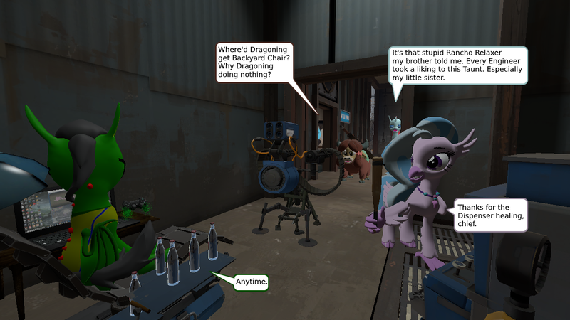 Size: 1280x720 | Tagged: 2fort, 3d, artist:derek the metagamer, baseball bat, changedling, changeling, comic, derpibooru import, dragon, dragoning, engineer, heavy weapons guy, medic, minigun, oc, ocellus, ocellus is not amused, oc:emerald rook, rancho relaxo, safe, scout, silverstream, source filmmaker, team fortress 2, thumbs up, unamused, yak, yona