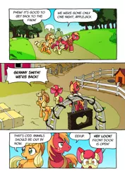 Size: 1201x1700 | Tagged: safe, artist:tarkron, derpibooru import, apple bloom, applejack, big macintosh, earth pony, pony, comic:ghosts of the past, apple siblings, apple sisters, brother and sister, comic, dialogue, female, filly, male, mare, siblings, sisters, stallion, sweet apple acres