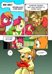 Size: 1201x1700 | Tagged: safe, artist:tarkron, derpibooru import, apple bloom, applejack, big macintosh, earth pony, pony, comic:ghosts of the past, apple siblings, apple sisters, brother and sister, chair, comic, cup, dialogue, female, filly, male, mare, poppy, question mark, siblings, sisters, stallion, teacup