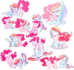 Size: 1122x1061 | Tagged: safe, artist:pinkablue, derpibooru import, pinkie pie, rainbow dash, earth pony, pegasus, pony, blushing, cute, dashabetes, diapinkes, female, lesbian, mare, missing cutie mark, pinkiedash, shipping, smiling, spread wings, wings