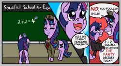 Size: 1024x562 | Tagged: safe, artist:korencz11, derpibooru import, starlight glimmer, twilight sparkle, pony, unicorn, the cutie map, 1984, alternate universe, atg 2019, comic, communism, equal cutie mark, eye clipping through hair, female, filly, filly twilight sparkle, glowing horn, horn, ingsoc, magic, mare, necktie, newbie artist training grounds, s5 starlight, socialism, stalin glimmer, telekinesis, unicorn twilight, younger