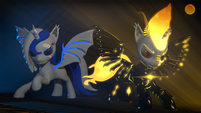 Size: 1920x1080 | Tagged: safe, artist:phoenixtm, derpibooru import, oc, oc:delta firedash, oc:zyra, bat pony, dracony, dragon, hybrid, pony, 3d, armor, bat pony oc, bat wings, dracony alicorn, fur, horns, looking at you, scales, shiny, slit pupils, source filmmaker, spread wings, wings