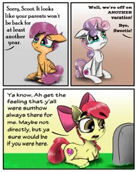 Size: 2000x2516 | Tagged: safe, artist:chopsticks, derpibooru import, apple bloom, scootaloo, sweetie belle, earth pony, pegasus, pony, unicorn, bow, chest fluff, comic, crying, cute, cutie mark, cutie mark crusaders, dark comedy, dialogue, ear fluff, female, filly, grass, gravestone, hair bow, hoof fluff, implied death, offscreen character, parenting, sad, sadorable, text, the cmc's cutie marks, this will end in tears