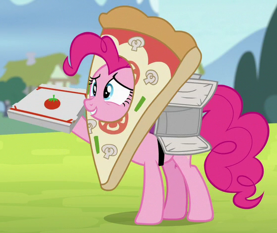 Size: 558x468 | Tagged: safe, derpibooru import, screencap, pinkie pie, pony, rock solid friendship, cropped, pizza box, pizza delivery, solo