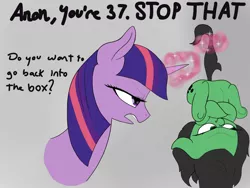 Size: 2000x1500 | Tagged: safe, artist:t72b, derpibooru import, twilight sparkle, twilight sparkle (alicorn), oc, oc:anonfilly, alicorn, pony, angry, annoyed, atg 2019, crossed hooves, female, filly, filly anon is not amused, floppy ears, image, magic, mare, newbie artist training grounds, png, tail, tail pull, telekinesis, text, twilight is not amused, unamused, upside down