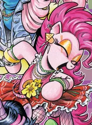 Size: 730x1000 | Tagged: safe, artist:andypriceart, derpibooru import, idw, fluttershy, pinkie pie, twilight sparkle, pony, spoiler:comic, spoiler:comic64, alternate hairstyle, bipedal, bracelet, clothes, costume, cropped, cyndi lauper, dress, ear piercing, earring, eyeshadow, female, fishnets, flower, jewelry, makeup, mare, necklace, open mouth, piercing, smiling