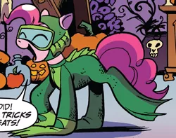 Size: 710x560 | Tagged: artist:andypriceart, clothes, costume, derpibooru import, gill-man, halloween, holiday, idw, jack-o-lantern, pinkie pie, pumpkin, safe, solo, spoiler:comic