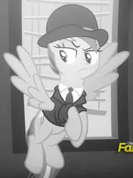 Size: 620x830 | Tagged: safe, derpibooru import, screencap, rainbow dash, pegasus, pony, sparkle's seven, clothes, cropped, cutie mark, female, flying, frown, hat, investigator dash, lidded eyes, mare, rainbow dash is not amused, raised eyebrow, scar, solo, spread wings, tuxedo, unamused, watson, wings
