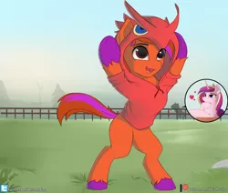 Size: 2548x2160 | Tagged: safe, artist:hevityaus, derpibooru import, princess cadance, oc, oc:clarity heart, alicorn, blaziken, earth pony, pony, bipedal, clothes, disguise, disguised changeling, fence, grass, grass field, heart, hoodie, patreon, patreon logo, pokémon, smiling, solo, unshorn fetlocks