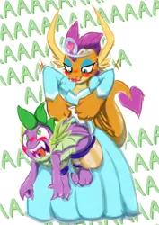 Size: 1952x2752 | Tagged: abuse, artist:frist44, blushing, bully, bullying, clothes, crown, derpibooru import, dragon, dress, eyeliner, eyeshadow, female, jewelry, lipstick, makeup, male, meme, princess smolder, regalia, screaming, shipping, smolder, spike, spikeabuse, spolder, straight, suggestive, this will end in school shooting, tiara, wedgie