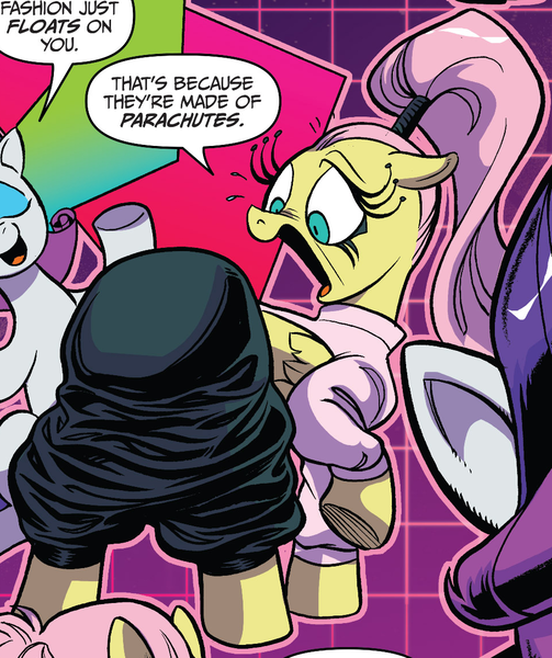 Size: 965x1150 | Tagged: safe, artist:andypriceart, derpibooru import, idw, fluttershy, rarity, pegasus, pony, unicorn, spoiler:comic, spoiler:comic64, 80s, adorasexy, alternate hairstyle, big eyelashes, butt, clothes, cropped, cute, dialogue, eyeliner, eyes closed, female, flutterbutt, fluttershy is not amused, frown, high ponytail, horrified, looking back, makeup, mare, no context, open mouth, parachute pants, plot, ponytail, raised hoof, sexy, smiling, solo focus, sweater, sweatershy, unamused, wide eyes