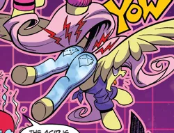 Size: 800x610 | Tagged: safe, artist:andypriceart, derpibooru import, idw, fluttershy, pegasus, pony, comic:everything old, spoiler:comic, spoiler:comic64, acid, burned, butt, canonical great butt, clothes, comic, context is for the weak, cropped, fashion, female, flutterbutt, front knot midriff, hot pants, jeans, knot shirt, literal butthurt, mare, midriff, ouch, out of context, pain, pants, plot, skinny jeans, solo, spread wings, tight clothing, wings