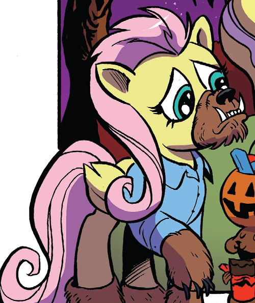 Size: 500x595 | Tagged: clothes, costume, derpibooru import, fluttershy, halloween, holiday, idw, jack-o-lantern, pumpkin, pumpkin bucket, safe, solo, spoiler:comic, werewolf