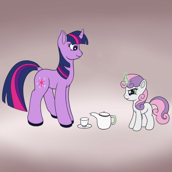 Size: 2000x2000 | Tagged: safe, artist:redquoz, derpibooru import, sweetie belle, twilight sparkle, pony, unicorn, atg 2019, cup, curved horn, female, filly, hooves, horn, magic, newbie artist training grounds, sweetie belle's magic brings a great big smile, teacup, teapot, two toned mane, unicorn twilight