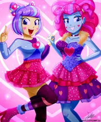 Size: 1260x1520 | Tagged: safe, artist:the-butch-x, derpibooru import, kiwi lollipop, supernova zap, equestria girls, equestria girls series, sunset's backstage pass!, spoiler:eqg series (season 2), breasts, busty kiwi lollipop, busty supernova zap, cleavage, clothes, duo, heart, high heels, holding hands, k-lo, open mouth, peace sign, postcrush, shoes, skirt, smiling, su-z, zettai ryouiki