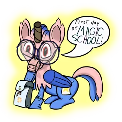 Size: 5000x5000 | Tagged: artist:venaf, atg 2019, backpack, classical hippogriff, derpibooru import, female, filly, glasses, hippogriff, newbie artist training grounds, oc, oc:vivian iolani, red eyes, safe, simple background, sitting, solo, text, unofficial characters only