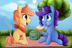 Size: 2400x1600 | Tagged: safe, artist:illusion, derpibooru import, oc, oc:amber rose, oc:emerald eclipse, unofficial characters only, earth pony, pony, unicorn, backpack, female, food, grass, grass field, picnic, picnic blanket, request, sandwich, tree