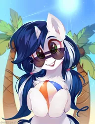 Size: 700x913 | Tagged: safe, artist:share dast, derpibooru import, oc, oc:muffinkarton, unofficial characters only, pony, unicorn, beach ball, chest fluff, cute, female, looking at you, mare, ocbetes, open mouth, pigtails, ponytail, signature, smiling, solo, starry eyes, summer, sun, sunglasses, tree, wingding eyes