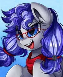 Size: 809x988 | Tagged: safe, artist:pridark, derpibooru import, oc, oc:cinnabyte, unofficial characters only, pony, bandana, blue background, dedication, determine, female, glasses, head, mare, neckerchief, open mouth, simple background, smiling, solo