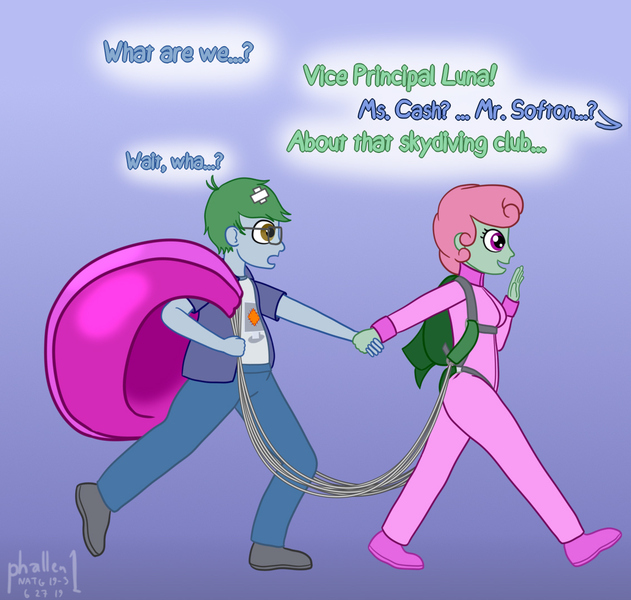 Size: 1134x1079 | Tagged: safe, artist:phallen1, derpibooru import, oc, oc:software patch, oc:windcatcher, unofficial characters only, equestria girls, atg 2019, bandage, clothes, cutie mark clothes, dialogue, equestria girls-ified, holding hands, implied vice principal luna, jumpsuit, newbie artist training grounds, offscreen character, parachute, pulling, walking, windpatch