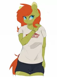 Size: 1103x1512 | Tagged: safe, artist:tangomangoes, derpibooru import, oc, oc:tango, unofficial characters only, anthro, anthro oc, clothes, female, shirt, shorts, simple background, solo, t-shirt, white background