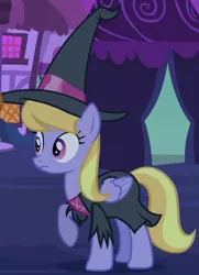 Size: 462x637 | Tagged: safe, derpibooru import, screencap, cloud kicker, pegasus, pony, luna eclipsed, clothes, costume, cropped, female, hat, mare, nightmare night costume, outfit catalog, raised hoof, raised leg, solo, witch, witch hat