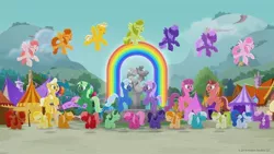 Size: 696x392 | Tagged: safe, derpibooru import, official, screencap, unnamed character, unnamed pony, earth pony, pegasus, pony, unicorn, rainbow roadtrip, background pony, blue pony, dot cutie mark, eyes closed, female, flying, fountain, green pony, hope hollow, indigo pony, male, mare, orange pony, pink pony, purple pony, rainbow, red pony, stallion, yellow pony