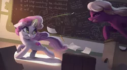 Size: 3940x2160 | Tagged: safe, artist:vanillaghosties, derpibooru import, cheerilee, sweetie belle, earth pony, pegasus, pony, unicorn, abuse, atg 2019, blatant lies, chalkboard, chase, cheeribuse, cheerilee is unamused, cutie mark, female, filly, fortnite, glowing horn, high res, horn, magic, mare, newbie artist training grounds, paper, pencil, running, sweetie belle's magic brings a great big smile, sweetie fail, telekinesis, the cmc's cutie marks, this will end in death, this will end in detention, this will end in tears, this will end in tears and/or death