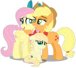 Size: 570x508 | Tagged: safe, artist:awoomarblesoda, derpibooru import, applejack, fluttershy, oc, oc:apple juice, pegasus, pony, appleshy, female, filly, lesbian, magical lesbian spawn, offspring, parent:applejack, parent:fluttershy, parents:appleshy, shipping, simple background, transparent background