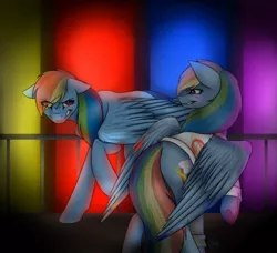 Size: 1184x1080 | Tagged: semi-grimdark, artist:halopiexd, derpibooru import, rainbow dash, pegasus, pony, fanfic:rainbow factory, angry, blood, duality, liquid rainbow, rainbow blood, rainbow factory dash, self ponidox, spectra